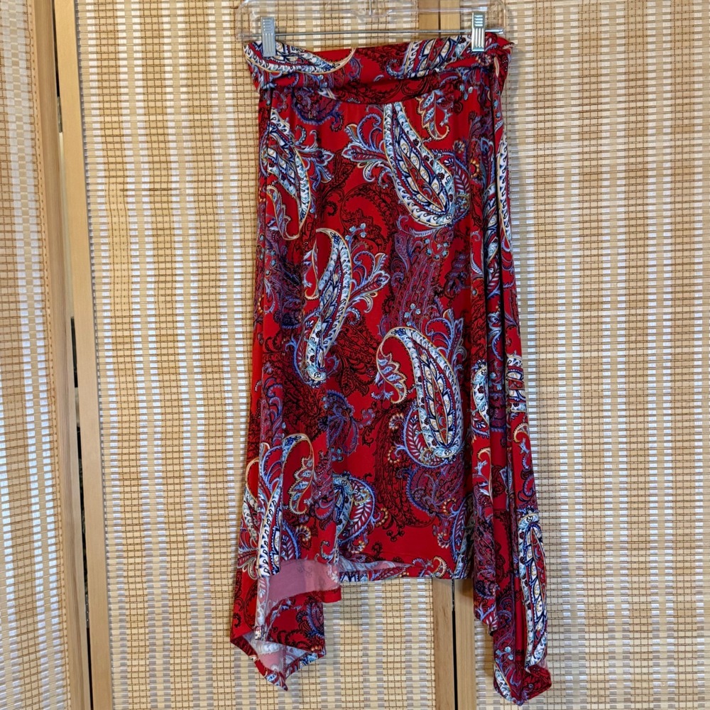 Apt. 9 Red Paisley Handkerchief Hem Midi Skirt Womens Large Stretch Knit Boho
